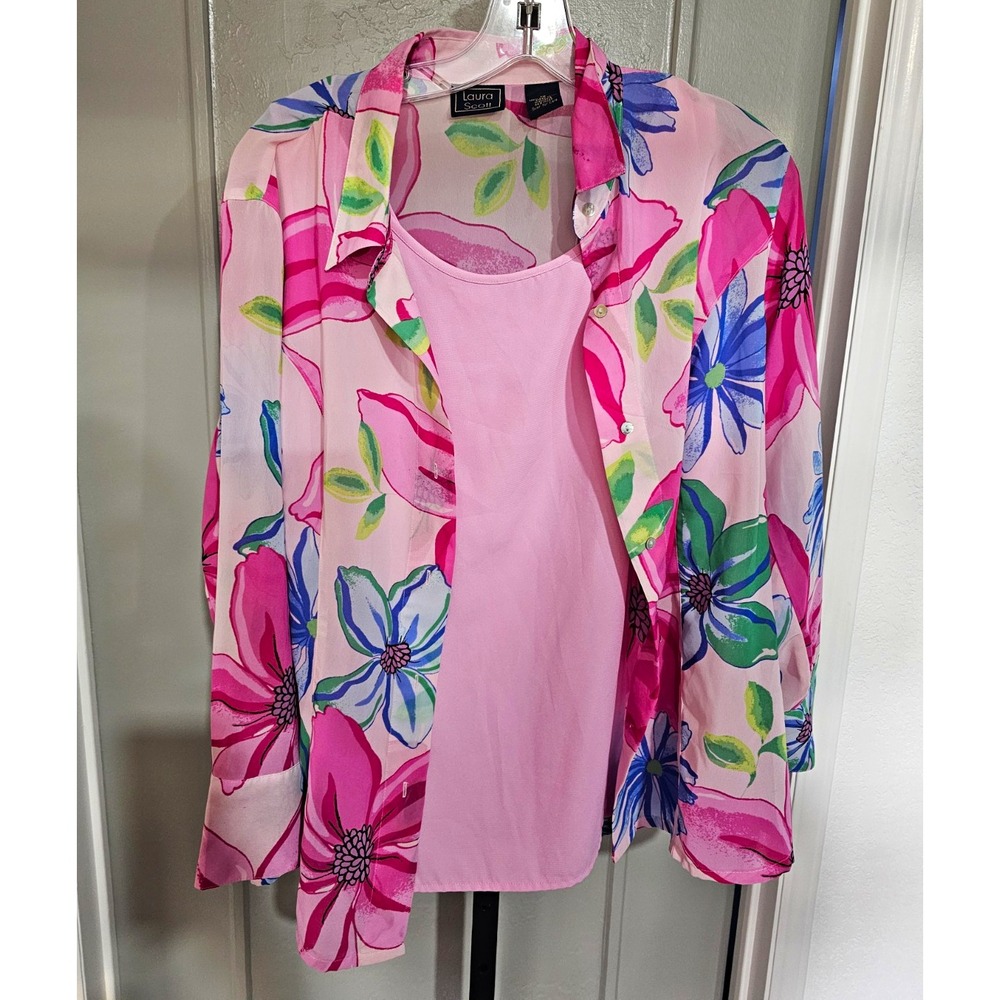 Laura Scott Floral Jacket Attached Pink Shell Women's 16 Tropical Flower Top